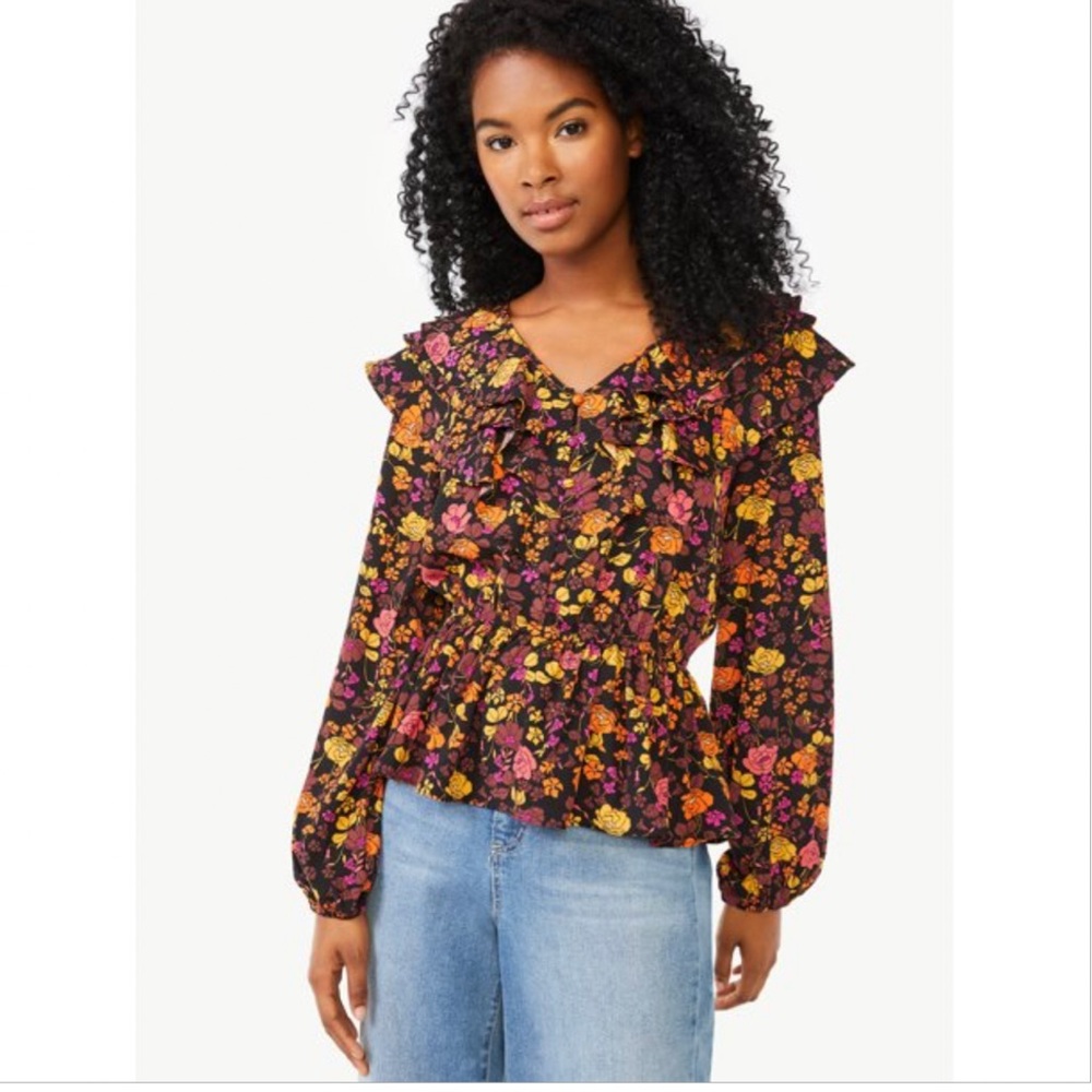 Scoop NYC long sleeve peplum floral blouse NWT